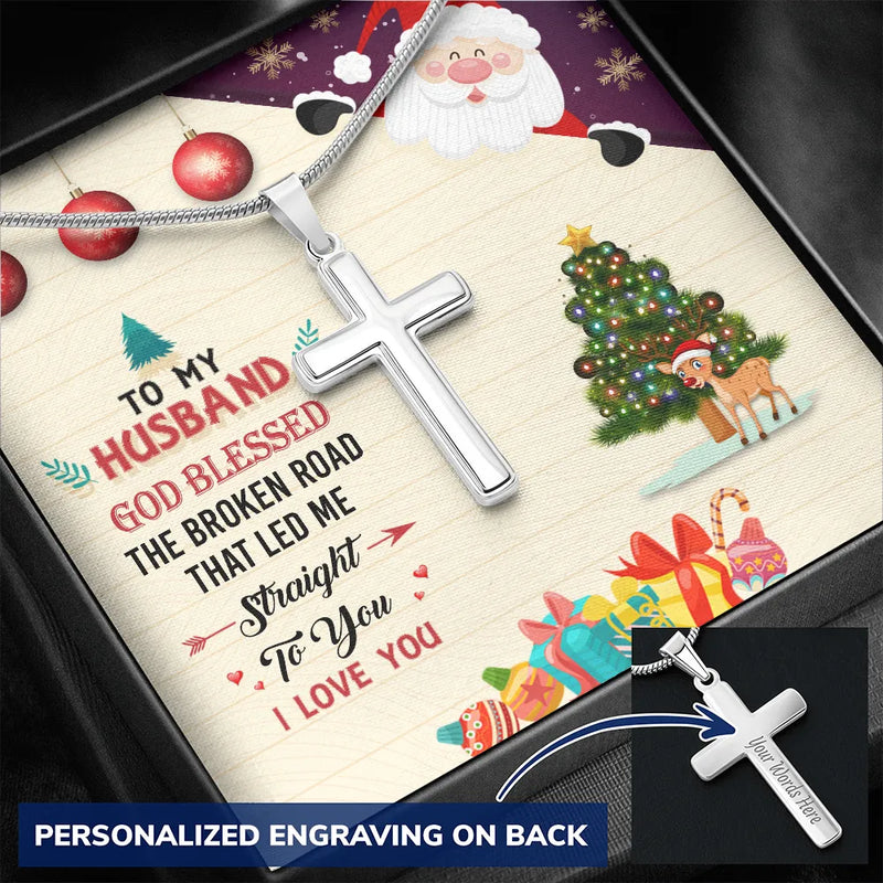 Engraved Stainless Steel Cross Pendant, Personalized Husband Cross Necklace, Mens Religious Jewelry, Christmas Present for Him