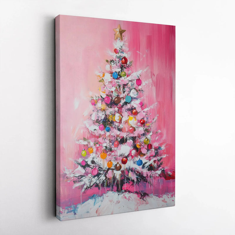 Abstract Holiday Oil Painting Canvas Print, Pink Christmas Tree Canvas Wall Art, Pink Xmas Tree Canvas Art, Festive Holiday Home Decor