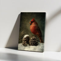 Snowy Pinecone Winter Canvas Print, Red Cardinal Canvas Wall Art, Rustic Bird Nature Art Canvas, Christmas Holiday Wall Decor