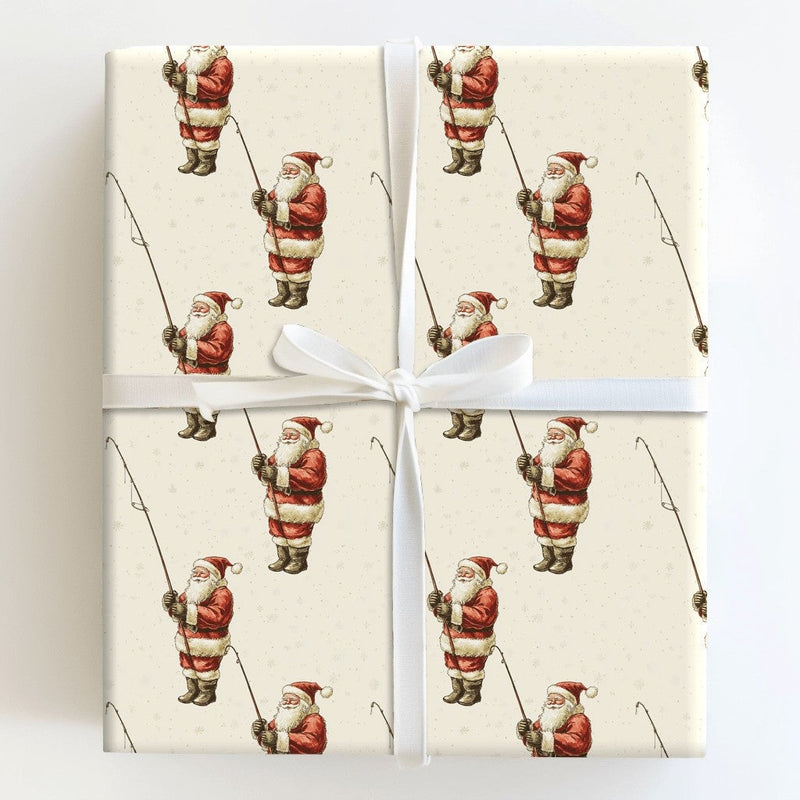 Vintage Angler Christmas Gift Wrap, Fishing Santa Claus Wrapping Paper, Fisherman Holiday Wrapping Paper, Outdoor Sportsman Present Packaging