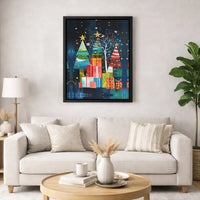Colorful Holiday Gift Boxes Art, Abstract Christmas Tree Wall Art Print, Canvas Art Digital Download, Festive Holiday Home Decor Present