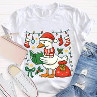 Humorous Holiday Bookworm Goose Shirt, Christmas Goose Reading Book T-Shirt, Adorable Winter Reading Tee, Book Lover Christmas Present T-Shirt