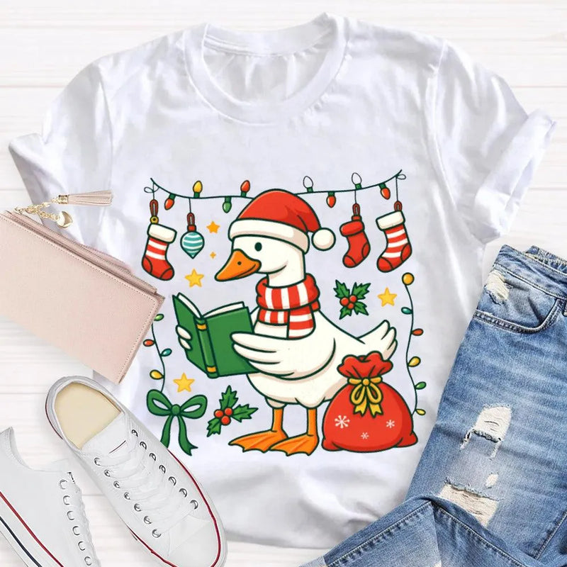 Humorous Holiday Bookworm Goose Shirt, Christmas Goose Reading Book T-Shirt, Adorable Winter Reading Tee, Book Lover Christmas Present T-Shirt