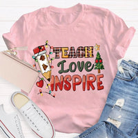 Festive Tree Lights Teacher Tee, Teach Love Inspire Christmas T-Shirt, Holiday Educator Shirt, Merry Christmas School Teacher Present