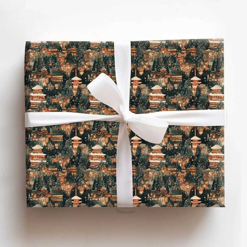 Snowy Pagoda Holiday Gift Wrap, Japanese Winter Village Wrapping Paper, Watercolor Japan Night Wrapping Paper, Asian Christmas Gift Wrap
