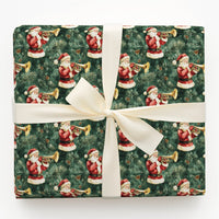 Musical Christmas Gift Wrap, Vintage Santa Trumpet Wrapping Paper, Pine Branch Holiday Present Paper, Dark Green Xmas Gift Wrap