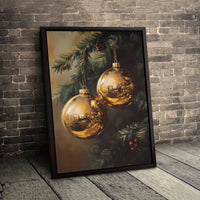 Vintage Holiday Pine Canvas Print, Golden Christmas Ornaments Canvas Wall Art, Festive Xmas Painting Canvas, Christmas Wall Decor Present