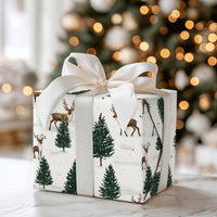 Winter Pine Tree Gift Wrap, Woodland Reindeer Christmas Wrapping Paper, Rustic Reindeer Wrapping Paper Roll, Forest Holiday Wrapping Paper