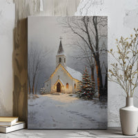 Snowy Christmas Landscape Canvas Print, Winter Church Canvas Wall Art, Country Chapel Holiday Scene Canvas Decor, Digital Download