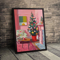 Mid-Century Christmas Canvas Print, Pink Christmas Living Room Wall Art, Retro Xmas Poster, Pink Christmas Decor, Digital Download Print