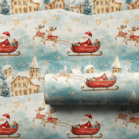 Vintage Snowy Village Gift Wrap, Santa Sleigh Christmas Wrapping Paper, Watercolor Reindeer Holiday Gift Wrapping Paper, Winter Present Wrap