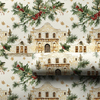 Historic Landmark Gift Wrap, Texas Alamo Christmas Wrapping Paper, Festive Holly Berry Wrapping Paper, Winter Holiday Texas Wrapping Paper