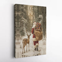Snowy Winter Forest Canvas Print, Santa Claus and Reindeer Canvas Wall Art, Vintage Holiday Canvas Decor, Christmas Wall Art, Festive Present