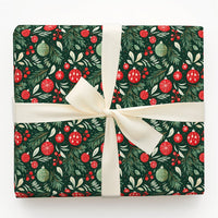 Pine Bough Holiday Gift Wrap, Christmas Ornament Wrapping Paper, Dark Green Red Festive Wrapping Paper, Winter Holiday Gift Wrap Roll