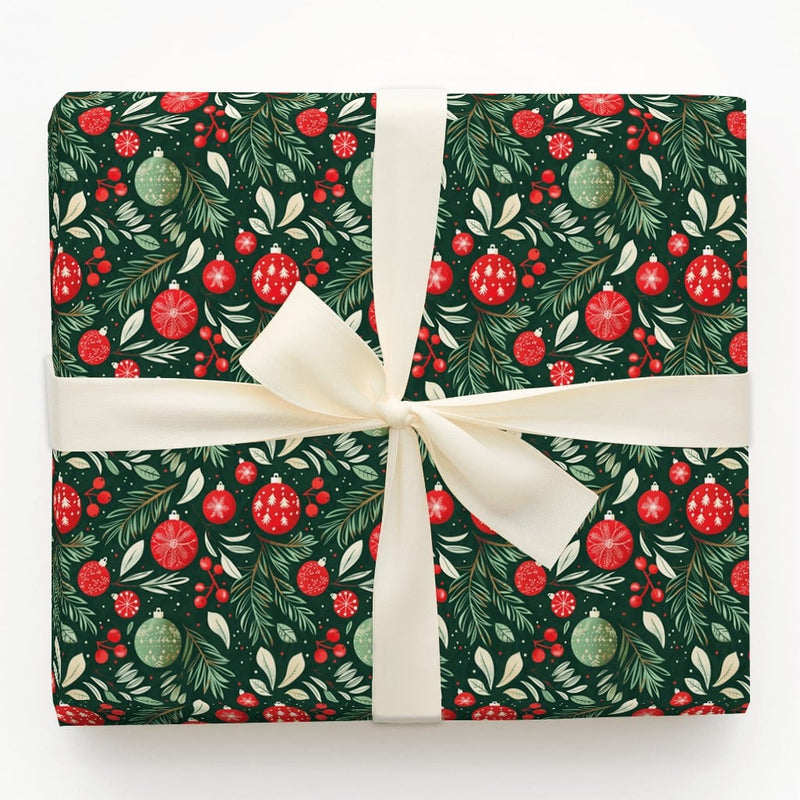 Pine Bough Holiday Gift Wrap, Christmas Ornament Wrapping Paper, Dark Green Red Festive Wrapping Paper, Winter Holiday Gift Wrap Roll