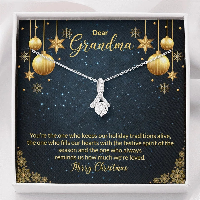 Ribbon Pendant Necklace with Cubic Zirconia, Grandma Christmas Necklace, 14k White Gold Over Stainless Steel, Holiday Present for Grandmother