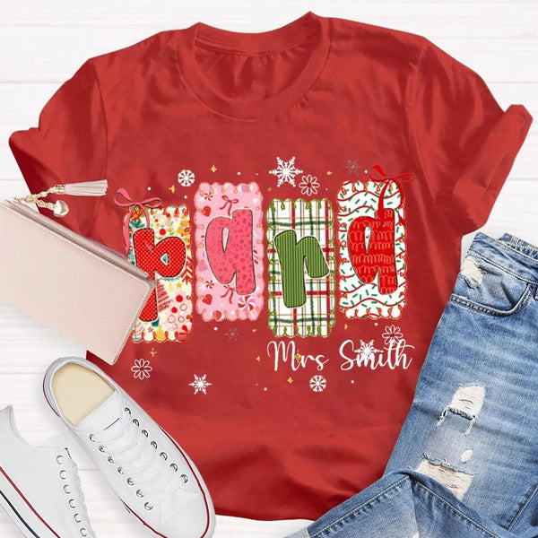 Custom Name Holiday Graphic Tee, Personalized Color Block Christmas T-Shirt, Matching Family Xmas Shirt, Festive Present Top