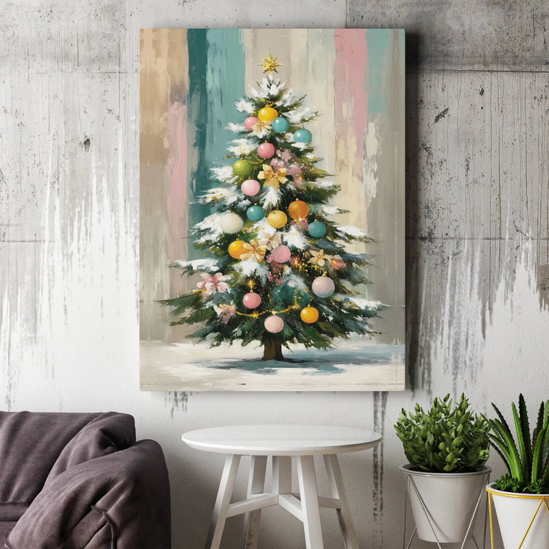 Snowy Pine Tree Canvas Print, Pastel Christmas Tree Wall Art Digital Download, Adorable Colorful Holiday Poster, Winter Wall Decor Present
