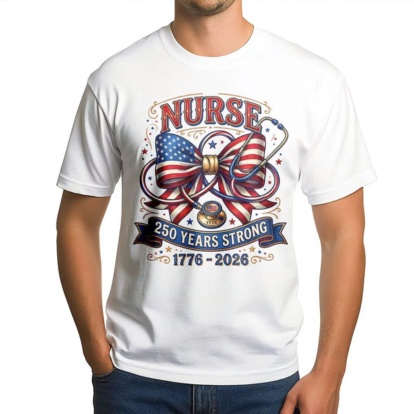 Patriotic Nurse T-Shirt | American Flag Bow Stethoscope 250 Years Strong 1776-2026 | Soft Breathable Cotton Tee | Gift for Nurses on America's 250th