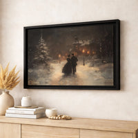 Romantic Snowy Evening Oil Painting Art, Victorian Winter Couple Canvas Print, Comfy Christmas Scene Canvas, Holiday Winter Wall Decor