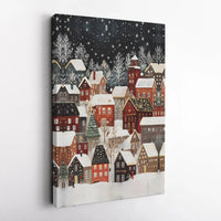 Winter Night Town Scene Print, Snowy Christmas Village Canvas Wall Art, Comfy Holiday Decor, Xmas Art, Digital Download