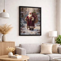 Snowy Forest Christmas Painting, Vintage Santa Claus Canvas Wall Art, Santa Claus Canvas Print, Holiday Forest Canvas Art, Christmas Present
