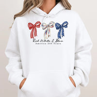 America 250 Years Hoodie | Patriotic Coquette Bow Design Red White Blue | Cotton-Polyester Blend Comfort | Gift for July 4th Celebration