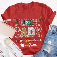 Custom Cafeteria Staff Holiday Shirt, Personalized Lunch Lady Christmas T-Shirt, Snowflake Bells Xmas Graphic Tee, School Worker Present