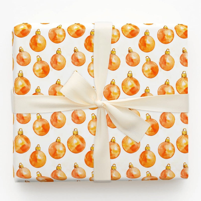 Gold Bauble Holiday Wrapping Paper, Orange Ornament Christmas Wrapping Paper, Watercolor Festive Wrapping Paper, Winter Seasonal Gift Wrap