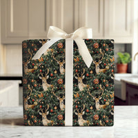 Rustic Pine Reindeer Gift Wrap, Vintage Reindeer Wrapping Paper, Dark Christmas Ornament Paper Roll, Elegant Winter Reindeer Gift Wrap