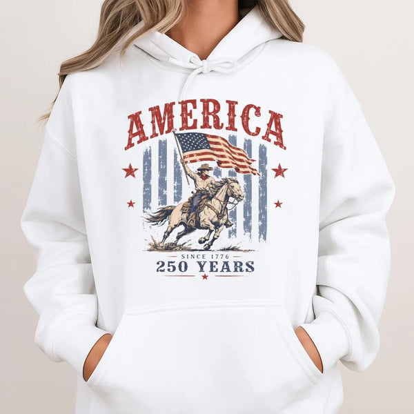 America 250 Years Hoodie | Vintage Cowboy on Horseback with American Flag Art | Soft Cotton-Polyester Blend | Patriotic Gift for History Enthusiasts
