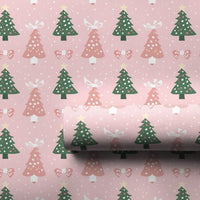 Whimsical Bow Holiday Gift Wrap, Pink Christmas Tree Wrapping Paper, Adorable Green Tree Present Paper, Modern Pastel Christmas Wrapping Paper