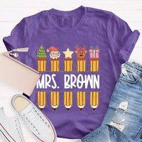 Custom Name Holiday Graphic Tee, Personalized Christmas Pencil Shirt, Adorable Teacher Christmas T-Shirt, Back to School Xmas Season Present