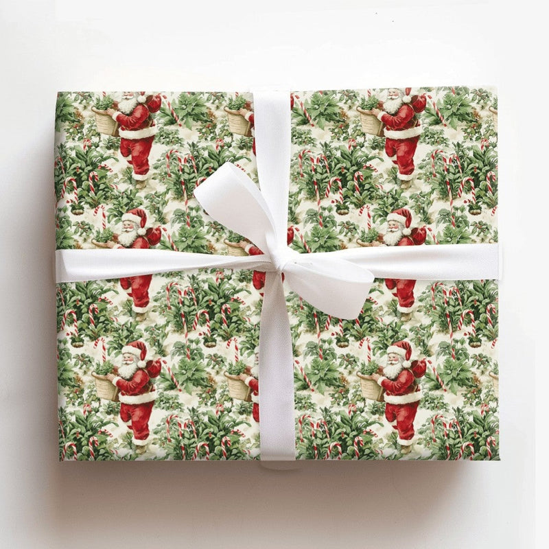 Poinsettia and Candy Cane Gift Wrap, Vintage Santa Wrapping Paper, Nostalgic Christmas Wrapping Paper, Classic Holiday Gift Wrap Roll