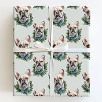 Dog Wreath Gift Wrap, French Bulldog Christmas Wrapping Paper, Frenchie Holiday Wrapping Paper, Adorable Winter Dog Lover Gift Wrapping Paper