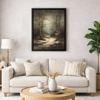 Snowy Cabin Night Landscape Print, Winter Forest Canvas Wall Art, Moody Rustic Path Poster, Christmas Home Decor Digital Download