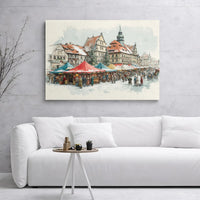 Watercolor Snowy Town Canvas Print, Christmas Market Canvas Wall Art, Winter Town Square Wall Art, Holiday Seasonal Canvas Decor, Xmas Present
