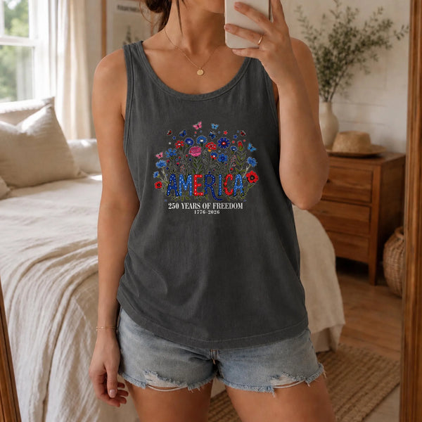 America 250 Years Tank Top | Patriotic Floral Botanical Garden Design | Soft Breathable Unisex Fit | Gift for History Lovers