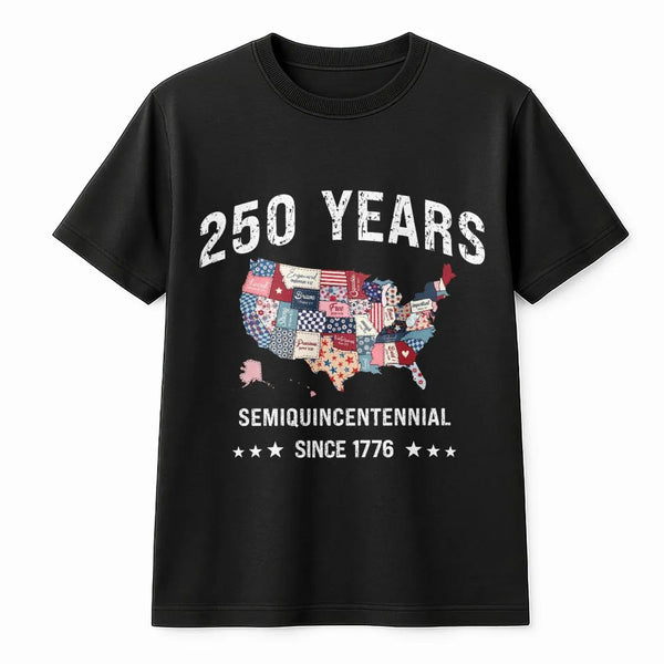 America 250 Years T-Shirt | Semiquincentennial Patchwork USA Map Design | 100% Soft Breathable Cotton | Patriotic Gift for History Lovers