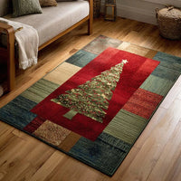 Vintage Patchwork Holiday Floor Mat, Christmas Tree Area Rug, Festive Winter Plaid Rug, Non-Slip Seasonal Carpet, Family Xmas Present