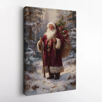 Snowy Forest Canvas Painting, Santa Claus Canvas Art, Christmas Wall Art, Vintage Santa Canvas Print, Winter Holiday Home Decor Present