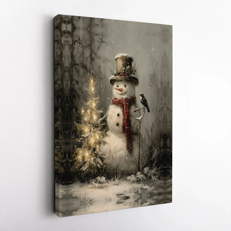 Christmas Tree Canvas Print, Vintage Snowman Canvas Wall Art, Whimsical Holiday Canvas Art, Winter Season Wall Decor, Rustic Xmas Home Present