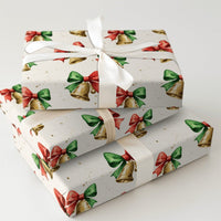 Jingle Bells Holiday Gift Wrap, Watercolor Christmas Bells Wrapping Paper, Festive Red Bow Wrapping Paper, Vintage Xmas Gift Wrapping Paper