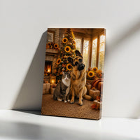 Sunflower Christmas Tree Wall Art, German Shepherd and Tabby Cat Canvas, Comfy Holiday Pet Portrait Canvas, Pet Lover Winter Decor Print