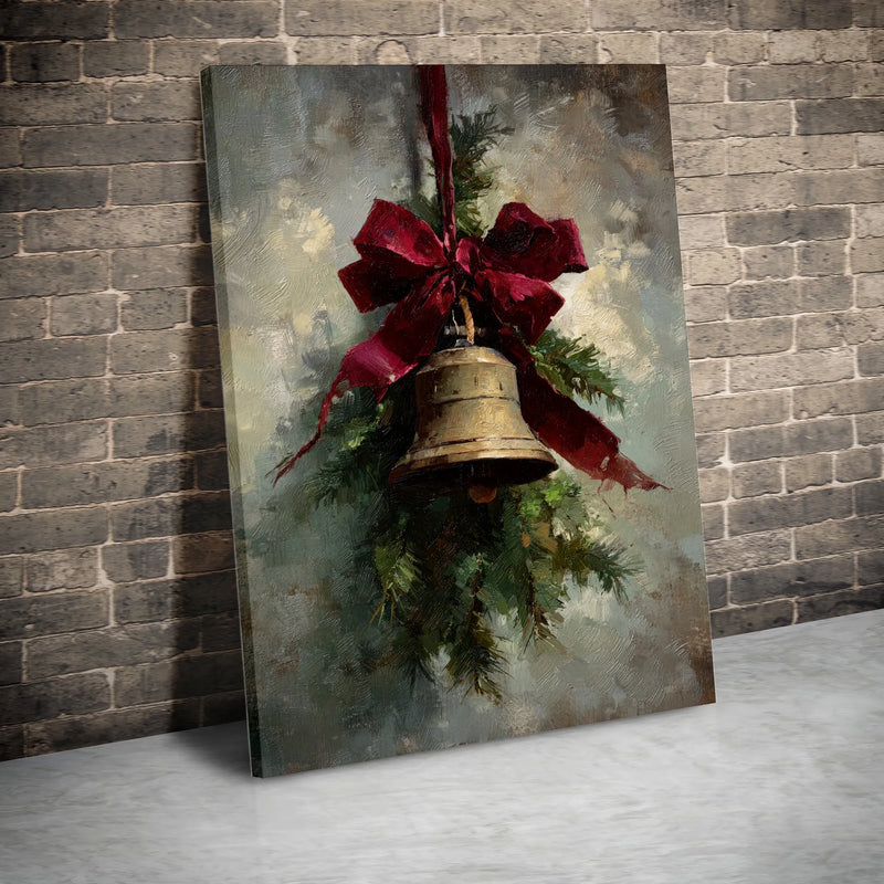 Pine Branches Red Bow Oil Painting Print, Vintage Christmas Bell Digital Wall Art, Holiday Wall Decor Poster, Festive Printable Present