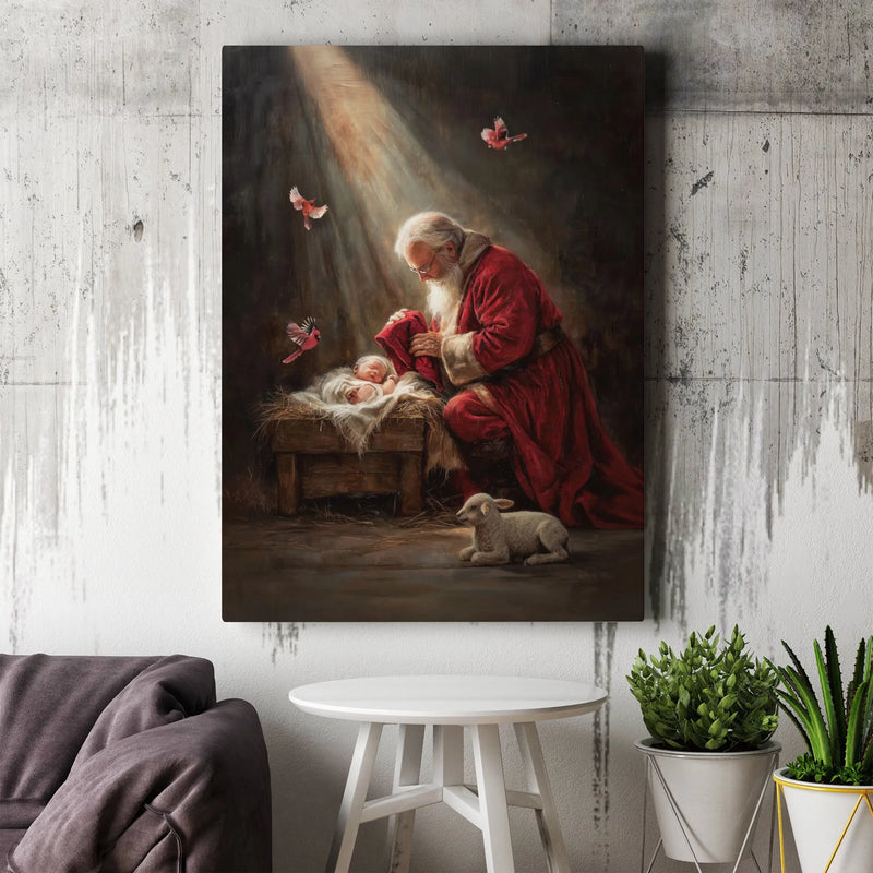 Religious Christmas Canvas Wall Art, Santa Kneeling to Baby Jesus Canvas Art, Christian Nativity Canvas Print, Digital Download Xmas Decor
