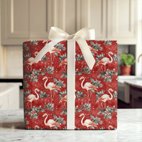 Tropical Red Holiday Gift Wrap, Christmas Flamingo Wrapping Paper, Snowy Flamingo Wrapping Paper, Winter Holly Gift Wrap, Adorable Gift Wrap