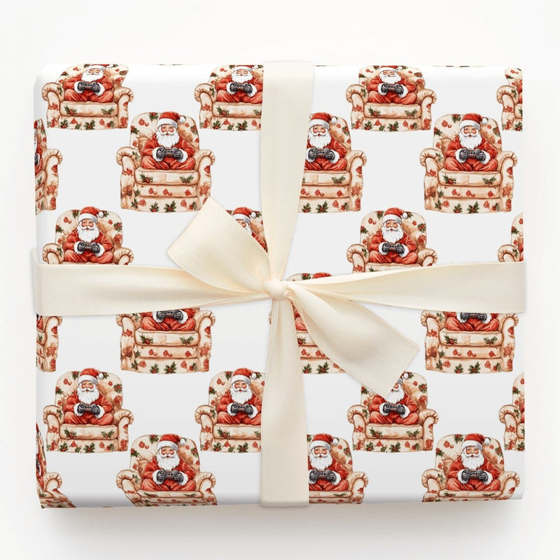 Video Game Controller Gift Wrap, Floral Armchair Gamer Santa Wrapping Paper, Humorous Santa Christmas Wrapping Paper, Gamer Gift Wrap