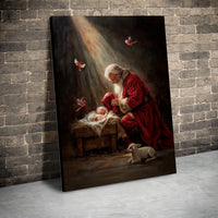 Religious Christmas Canvas Wall Art, Santa Kneeling to Baby Jesus Canvas Art, Christian Nativity Canvas Print, Digital Download Xmas Decor
