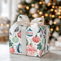Festive Holiday Ornament Gift Wrap, Watercolor Christmas Wrapping Paper, Pine Botanical Xmas Wrapping Paper Roll, Seasonal Present Wrap